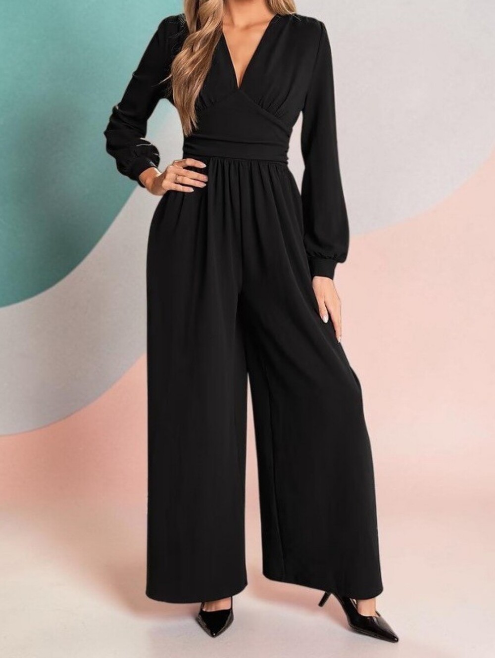Women's Black V-Neck Long Sleeve Jumpsuit